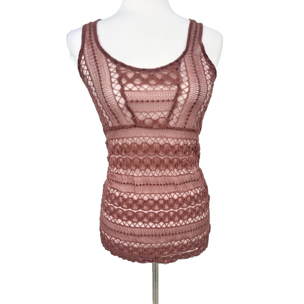 Womens Medium Y2K Crochet Lace Tank Top Mauve Sheer Boho Festival Fairy Earthy